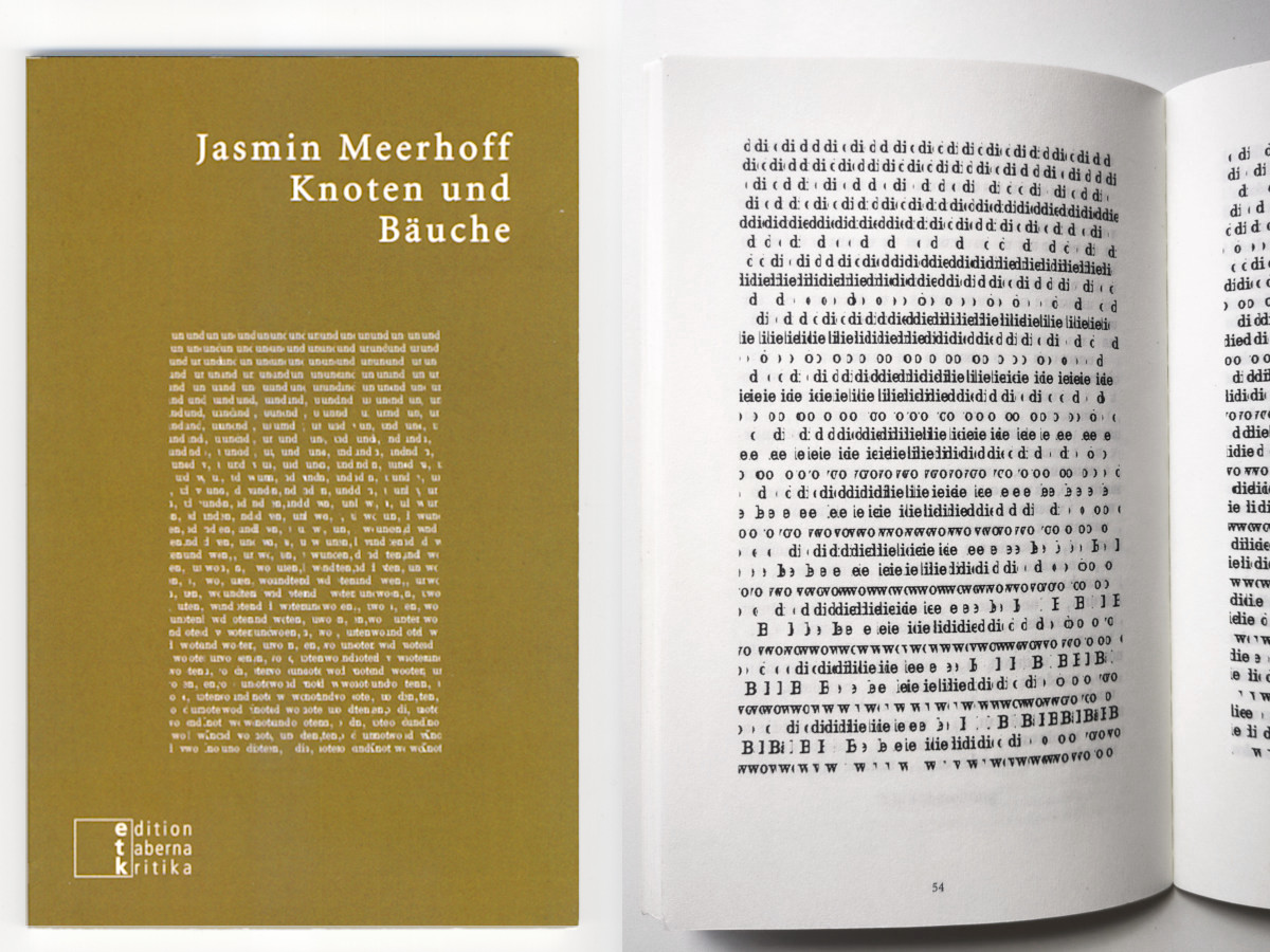 Left: photo of the book cover “Jasmin Meerhoff. Knoten und Bäuche”. Right: photo of a book page, page 55 showing a text collage consisting of multiple lines of cut-up texts.